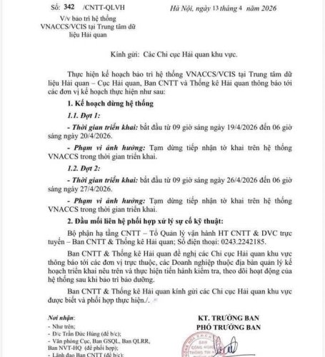 Tạm dừng hệ thống VNACCS/VCIS để bảo trì trong tháng 04/2026